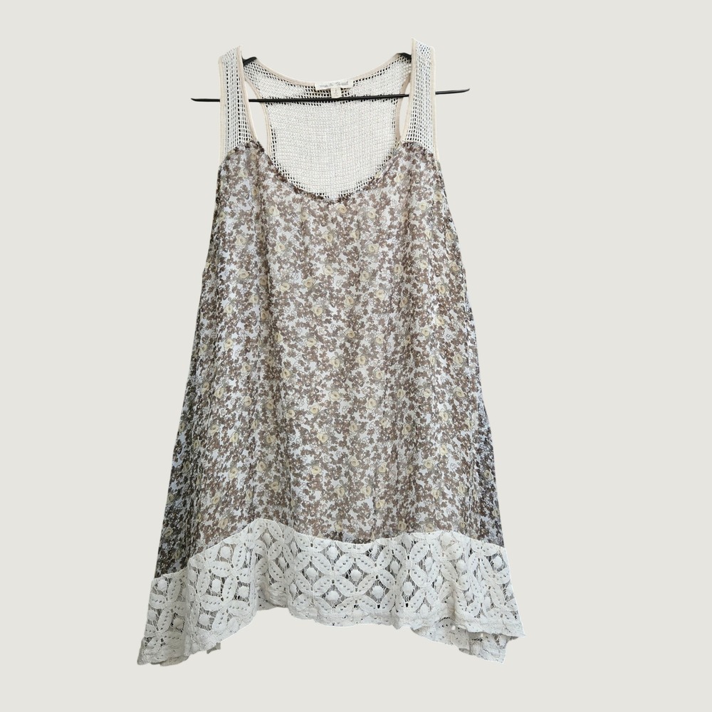 Hem & Thread Silk Floral Tank Brown Cream Crochet Racerback Lace Small Boho Soft
